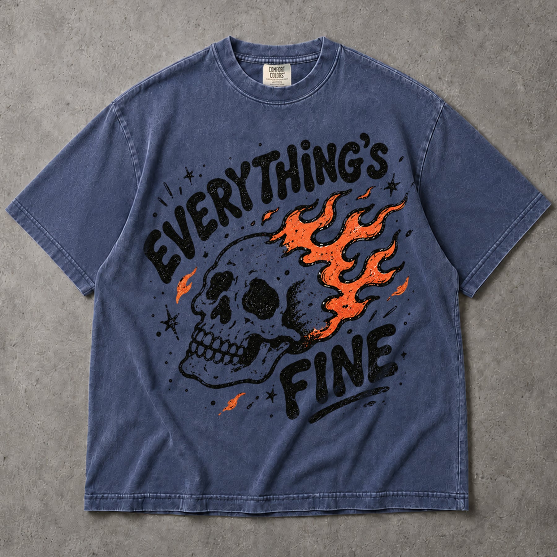 SF_COLOR=sport-grey|denim; SF_ITEM=adult-t-shirt; SF_ROLE=main; Everythings Fine Burning Skull T-Shirt Funny Sarcastic Goth Dark Humor Tee - Sport Grey, Denim Adult T-Shirt product image