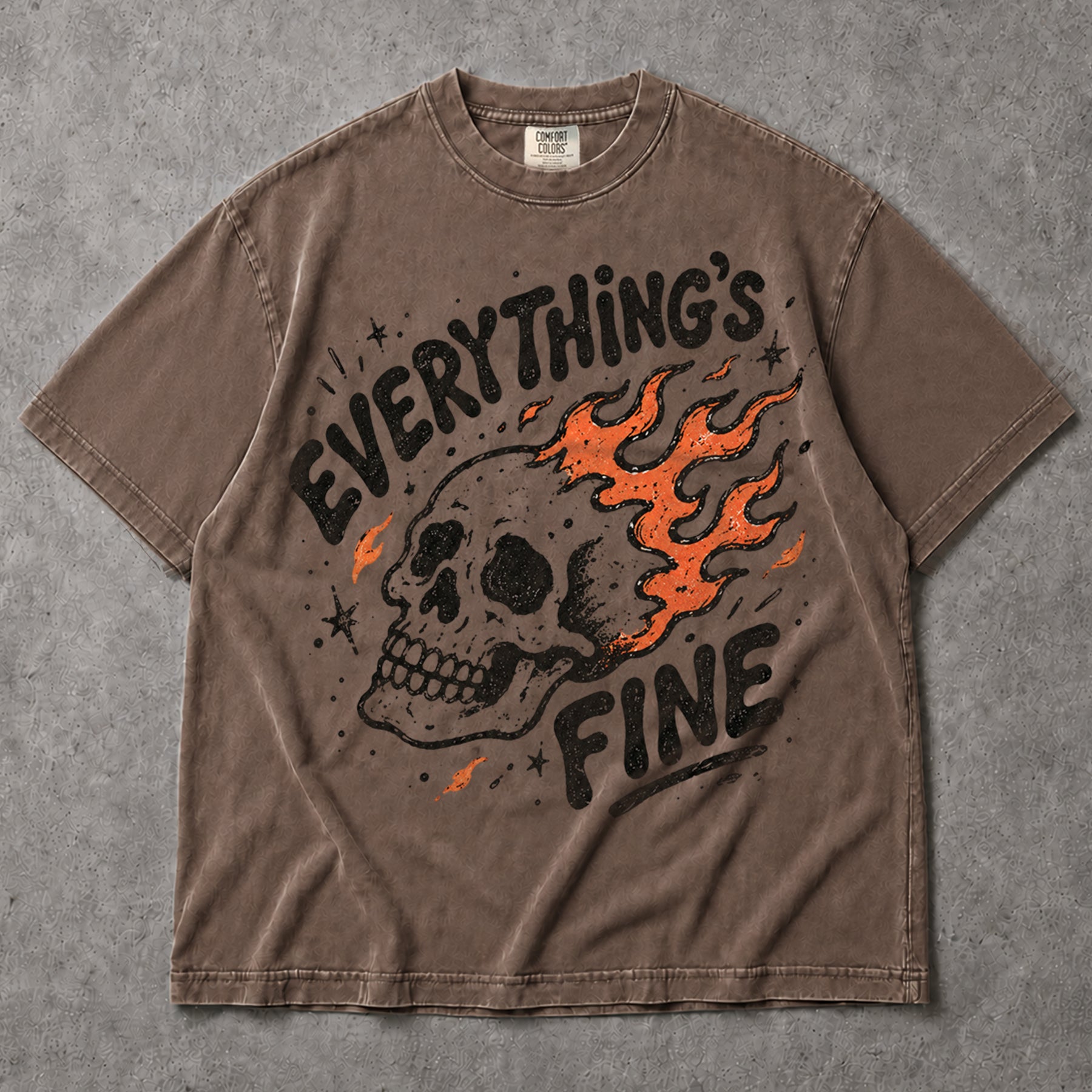 SF_COLOR=sport-grey|espresso; SF_ITEM=adult-t-shirt; SF_ROLE=main; Everythings Fine Burning Skull T-Shirt Funny Sarcastic Goth Dark Humor Tee - Sport Grey, Espresso Adult T-Shirt product image