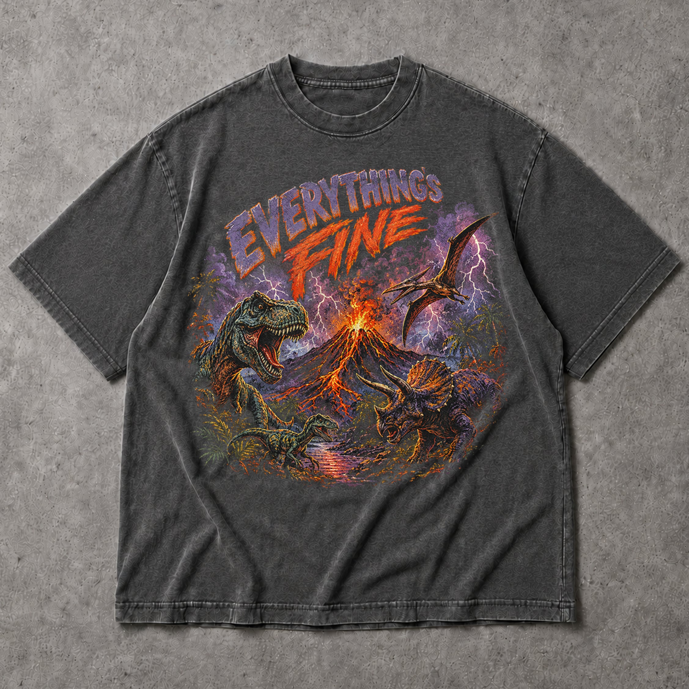 SF_COLOR=dark-heather; SF_ITEM=adult-t-shirt; SF_ROLE=main; Everythings Fine T-Rex Volcano T-Shirt Dinosaurs Meteor Strike Funny Tee - Dark Heather Adult T-Shirt product image