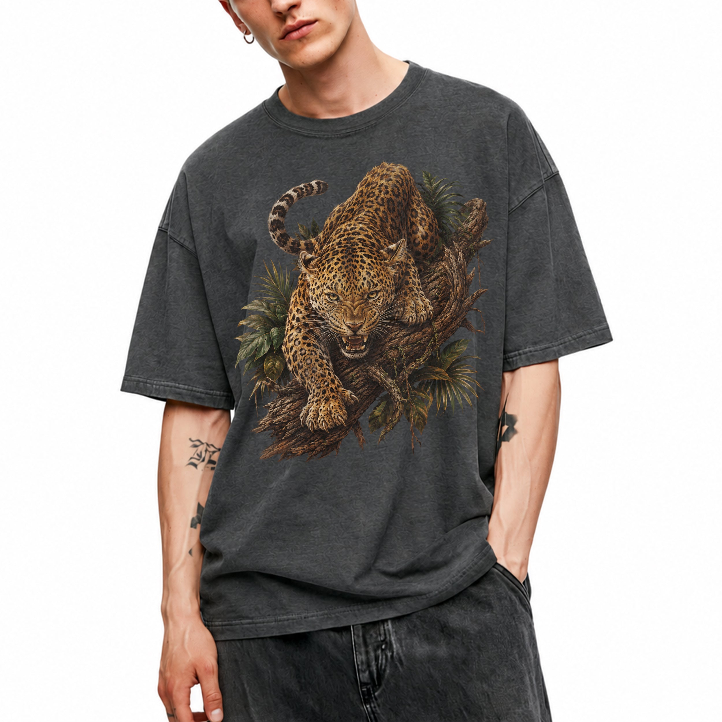 SF_COLOR=dark-heather; SF_ITEM=adult-t-shirt; SF_ROLE=main; Fierce Leopard Roaring On Jungle Branchss T-Shirt Wild Animal Tee - Dark Heather Adult T-Shirt product image