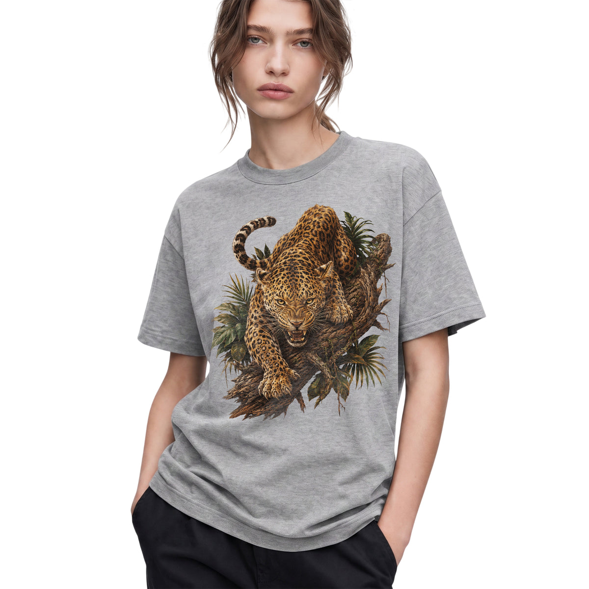 SF_COLOR=sport-grey; SF_ITEM=adult-t-shirt; SF_ROLE=gallery; Fierce Leopard Roaring On Jungle Branchss T-Shirt Wild Animal Tee - Sport Grey Adult T-Shirt product image