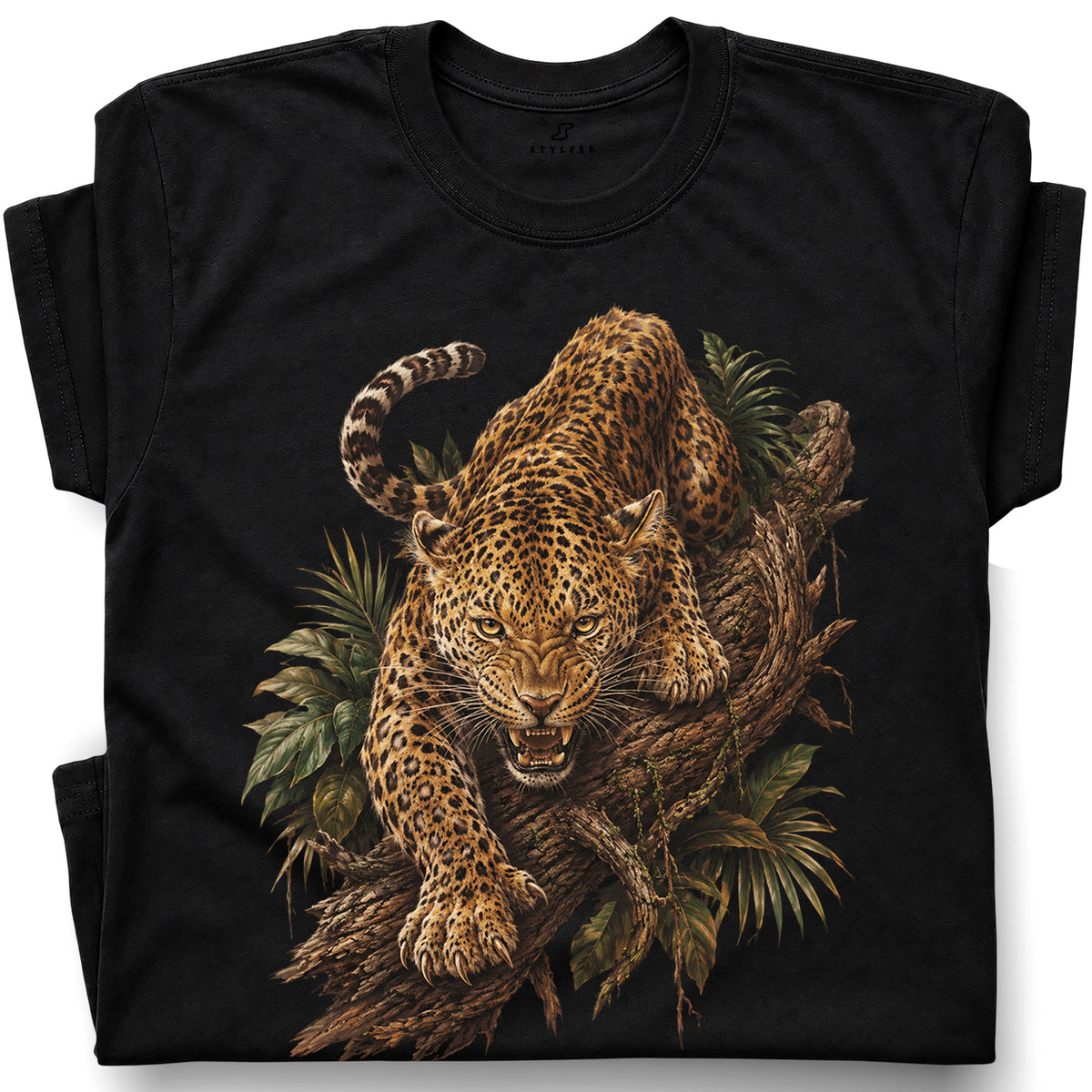 SF_COLOR=black; SF_ITEM=adult-t-shirt; SF_ROLE=gallery; Fierce Leopard Roaring On Jungle Branchss T-Shirt Wild Animal Tee - Black Adult T-Shirt product image