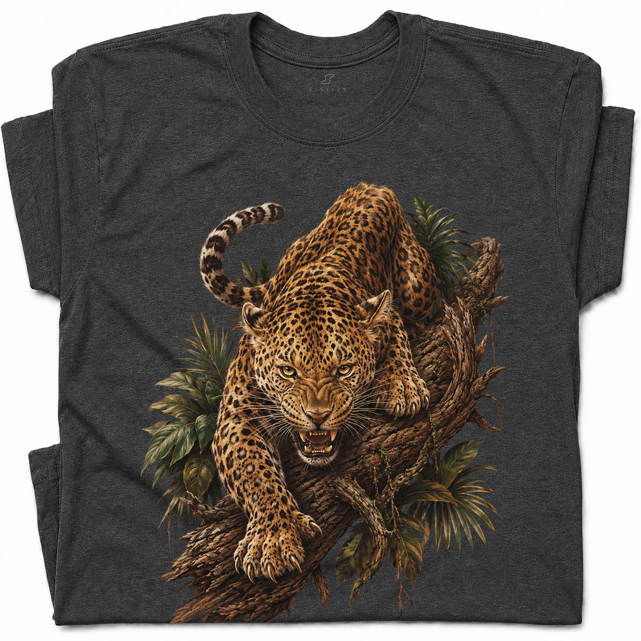 SF_COLOR=dark-heather; SF_ITEM=adult-t-shirt; SF_ROLE=gallery; Fierce Leopard Roaring On Jungle Branchss T-Shirt Wild Animal Tee - Dark Heather Adult T-Shirt product image