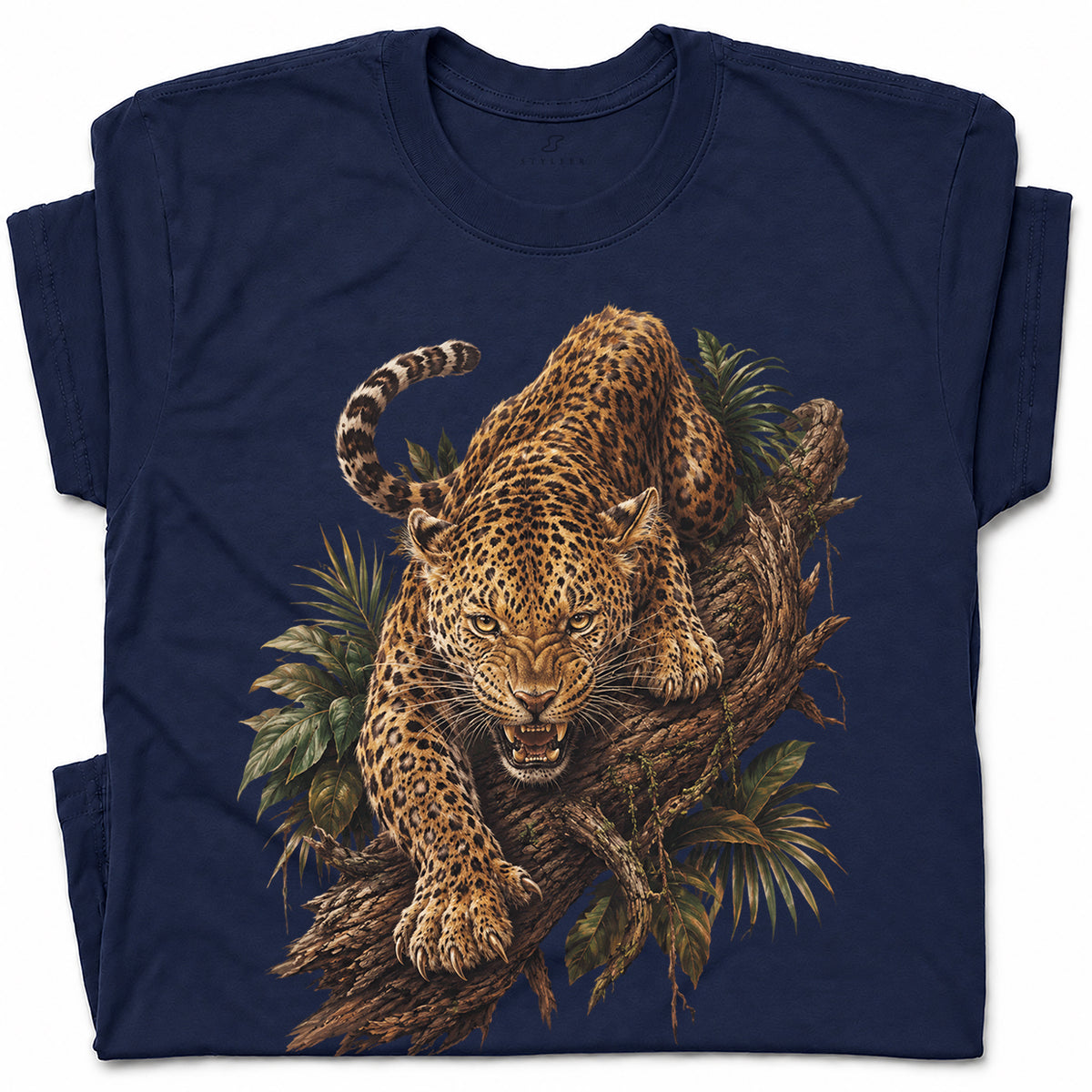 SF_COLOR=navy; SF_ITEM=adult-t-shirt; SF_ROLE=gallery; Fierce Leopard Roaring On Jungle Branchss T-Shirt Wild Animal Tee - Navy Adult T-Shirt product image
