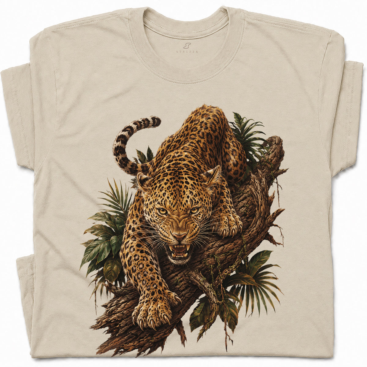 SF_COLOR=sand; SF_ITEM=adult-t-shirt; SF_ROLE=gallery; Fierce Leopard Roaring On Jungle Branchss T-Shirt Wild Animal Tee - Sand Adult T-Shirt product image