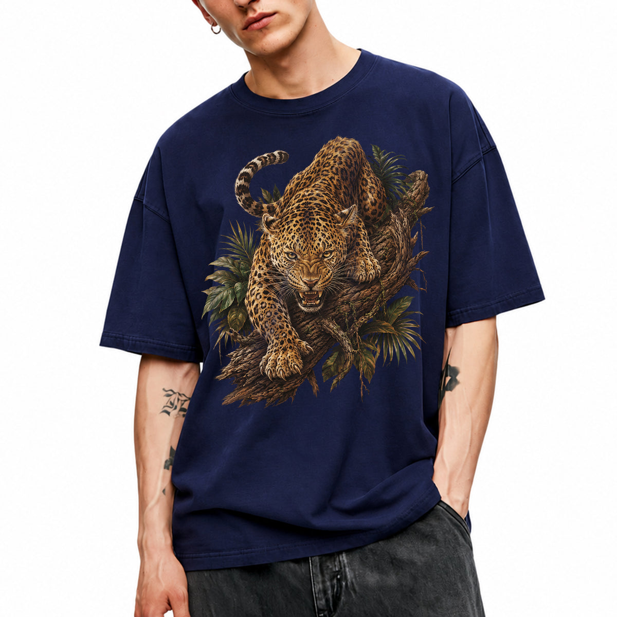 SF_COLOR=navy; SF_ITEM=adult-t-shirt; SF_ROLE=main; Fierce Leopard Roaring On Jungle Branchss T-Shirt Wild Animal Tee - Navy Adult T-Shirt product image