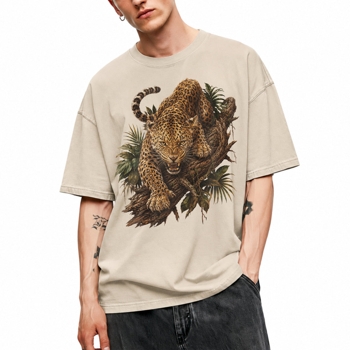 SF_COLOR=sand; SF_ITEM=adult-t-shirt; SF_ROLE=main; Fierce Leopard Roaring On Jungle Branchss T-Shirt Wild Animal Tee - Sand Adult T-Shirt product image