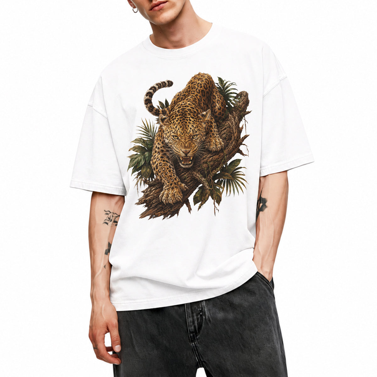 SF_COLOR=white; SF_ITEM=adult-t-shirt; SF_ROLE=main; Fierce Leopard Roaring On Jungle Branchss T-Shirt Wild Animal Tee - White Adult T-Shirt product image