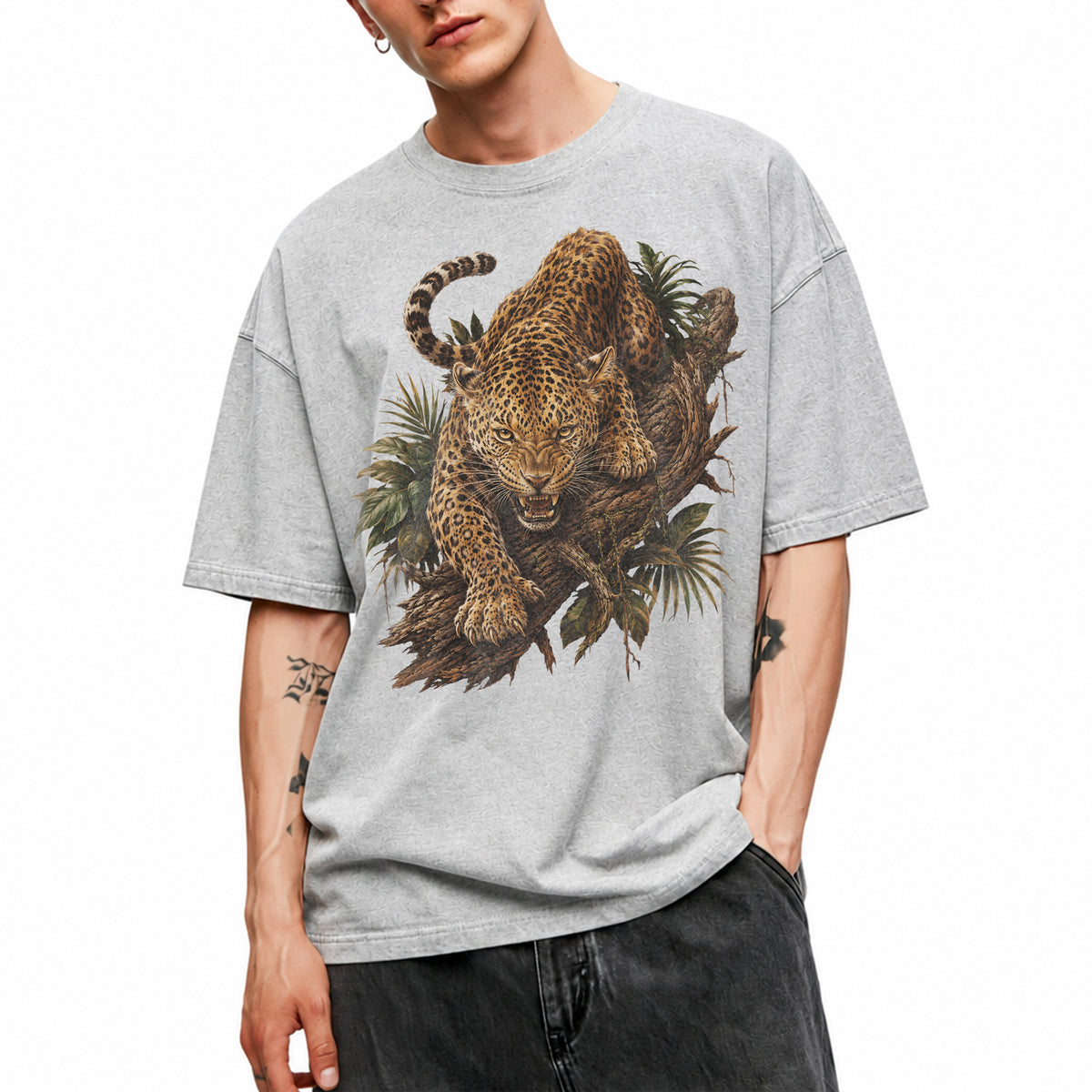 SF_COLOR=sport-grey; SF_ITEM=adult-t-shirt; SF_ROLE=main; Fierce Leopard Roaring On Jungle Branchss T-Shirt Wild Animal Tee - Sport Grey Adult T-Shirt product image