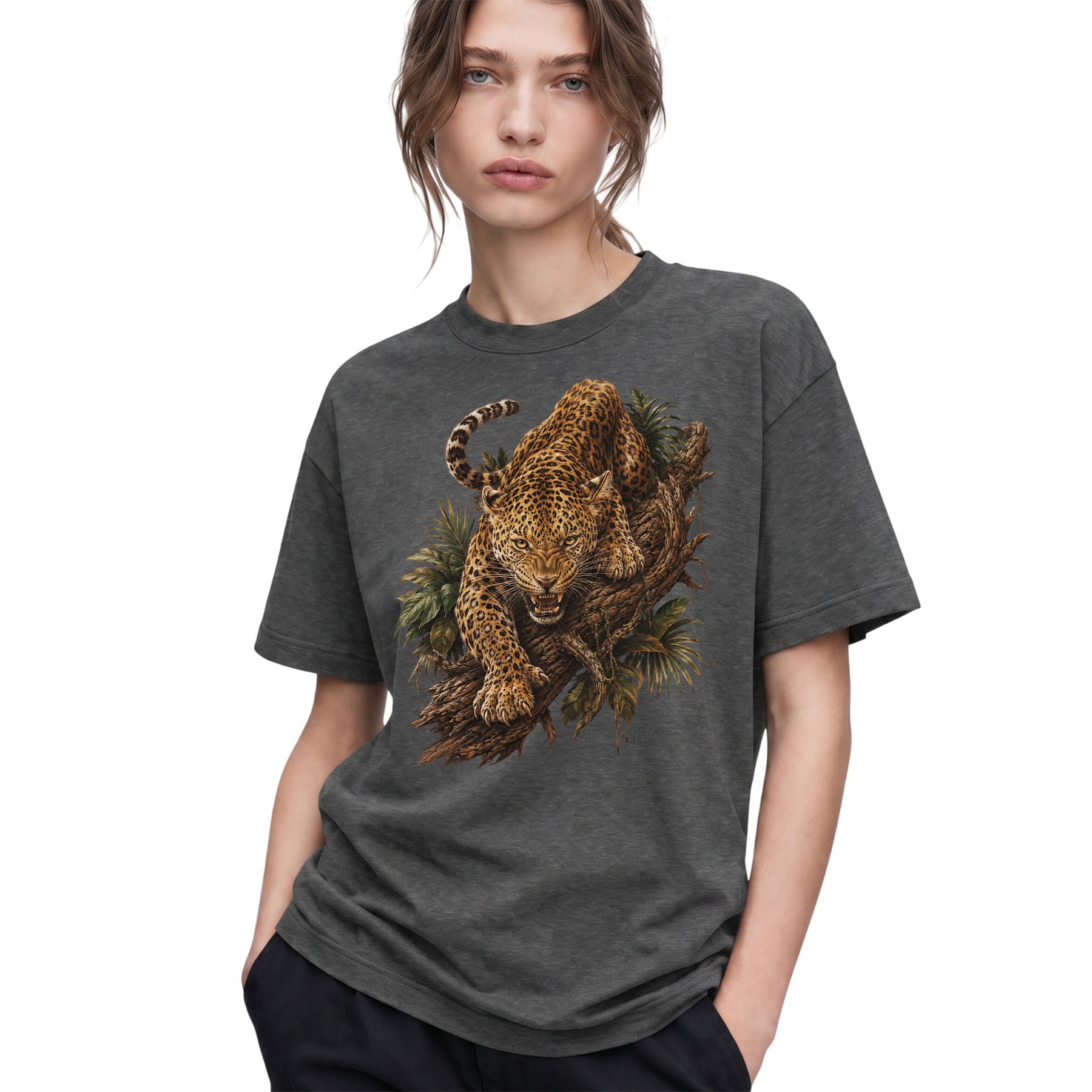SF_COLOR=dark-heather; SF_ITEM=adult-t-shirt; SF_ROLE=gallery; Fierce Leopard Roaring On Jungle Branchss T-Shirt Wild Animal Tee - Dark Heather Adult T-Shirt product image