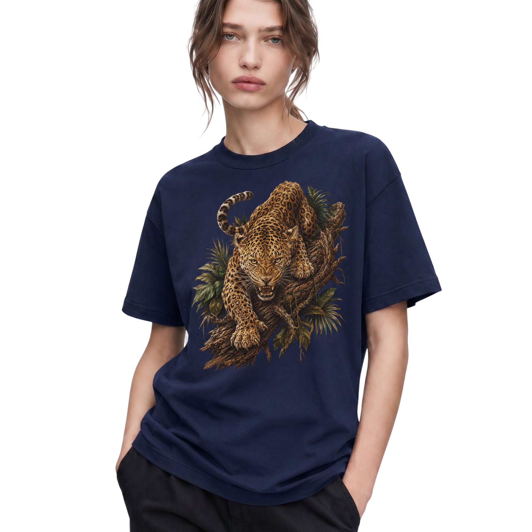 SF_COLOR=navy; SF_ITEM=adult-t-shirt; SF_ROLE=gallery; Fierce Leopard Roaring On Jungle Branchss T-Shirt Wild Animal Tee - Navy Adult T-Shirt product image