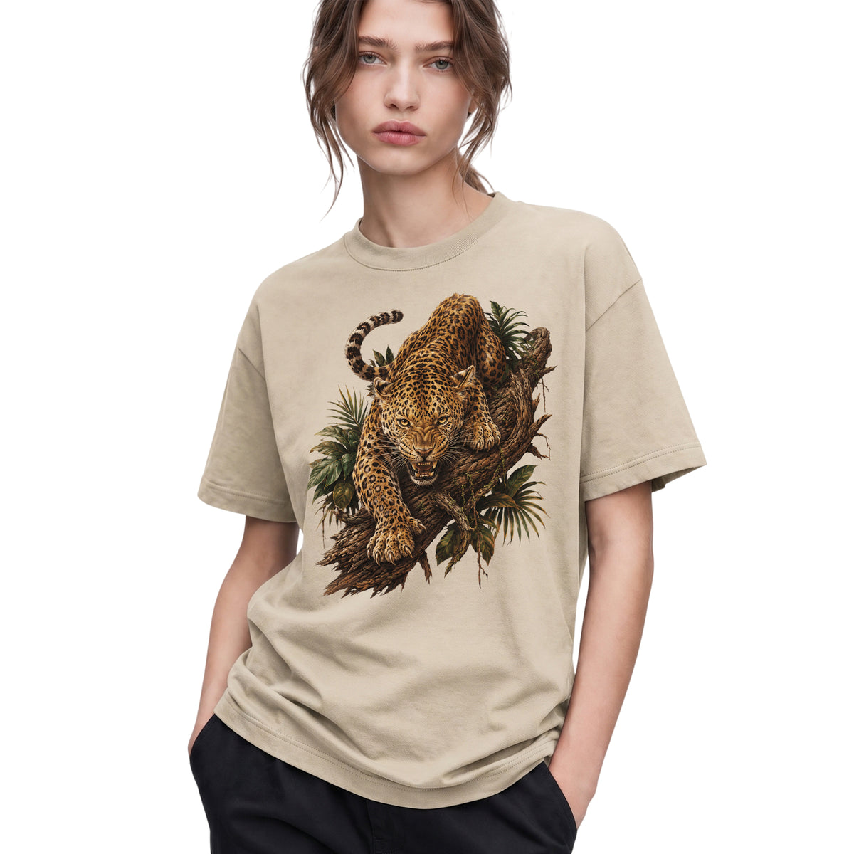 SF_COLOR=sand; SF_ITEM=adult-t-shirt; SF_ROLE=gallery; Fierce Leopard Roaring On Jungle Branchss T-Shirt Wild Animal Tee - Sand Adult T-Shirt product image