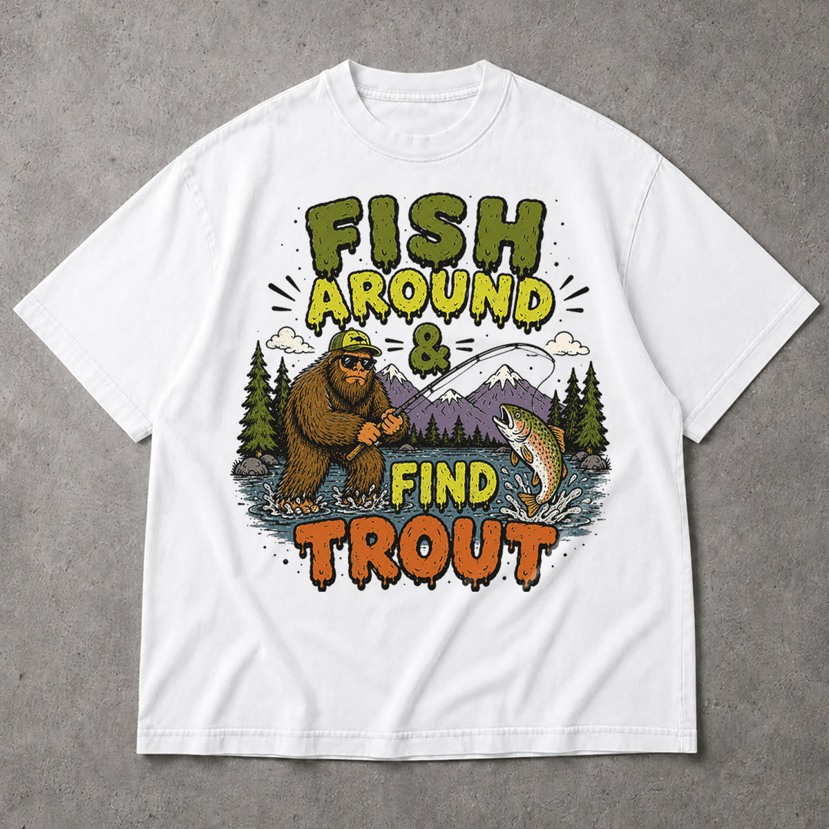 SF_COLOR=white; SF_ITEM=adult-t-shirt; SF_ROLE=main; Fish Around Find Trout T-Shirt Comic Bigfoot Fishing Sasquatch Outdoors Tee - White Adult T-Shirt product image