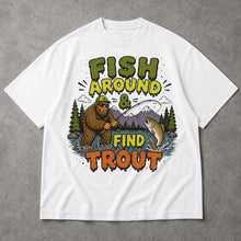 SF_COLOR=white; SF_ITEM=adult-t-shirt; SF_ROLE=main; Fish Around Find Trout T-Shirt Comic Bigfoot Fishing Sasquatch Outdoors Tee - White Adult T-Shirt product image
