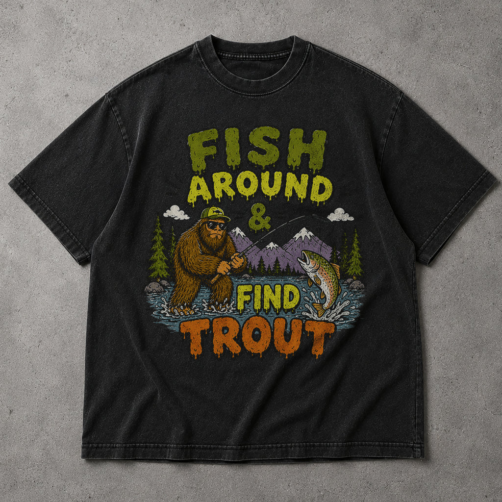 SF_COLOR=black; SF_ITEM=adult-t-shirt; SF_ROLE=main; Fish Around Find Trout T-Shirt Comic Bigfoot Fishing Sasquatch Outdoors Tee - Black Adult T-Shirt product image