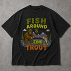 SF_COLOR=black; SF_ITEM=adult-t-shirt; SF_ROLE=main; Fish Around Find Trout T-Shirt Comic Bigfoot Fishing Sasquatch Outdoors Tee - Black Adult T-Shirt product image