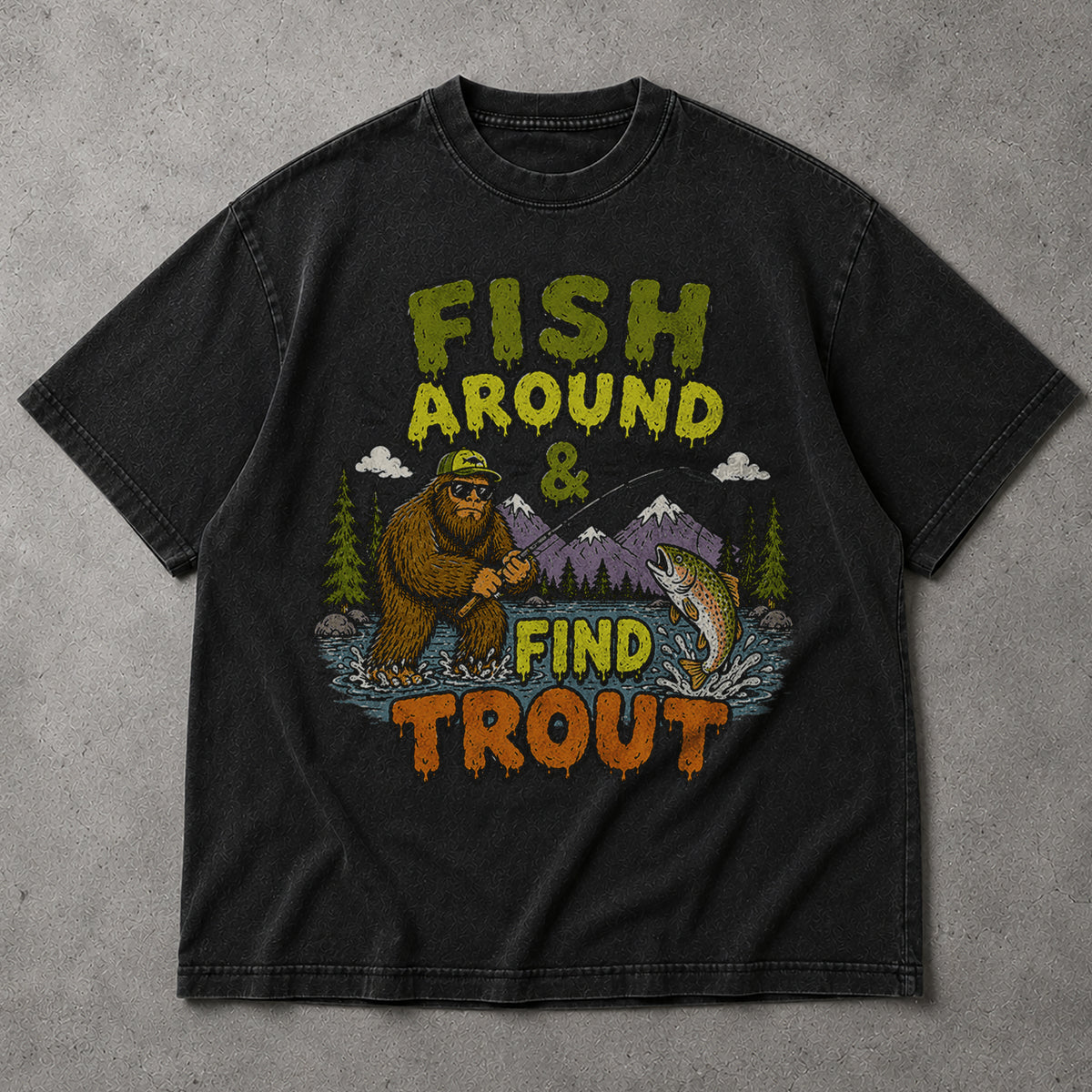 SF_COLOR=black; SF_ITEM=adult-t-shirt; SF_ROLE=main; Fish Around Find Trout T-Shirt Comic Bigfoot Fishing Sasquatch Outdoors Tee - Black Adult T-Shirt product image