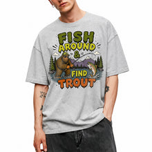 SF_COLOR=sport-grey; SF_ITEM=adult-t-shirt; SF_ROLE=gallery; Fish Around Find Trout T-Shirt Comic Bigfoot Fishing Sasquatch Outdoors Tee - Sport Grey Adult T-Shirt product image