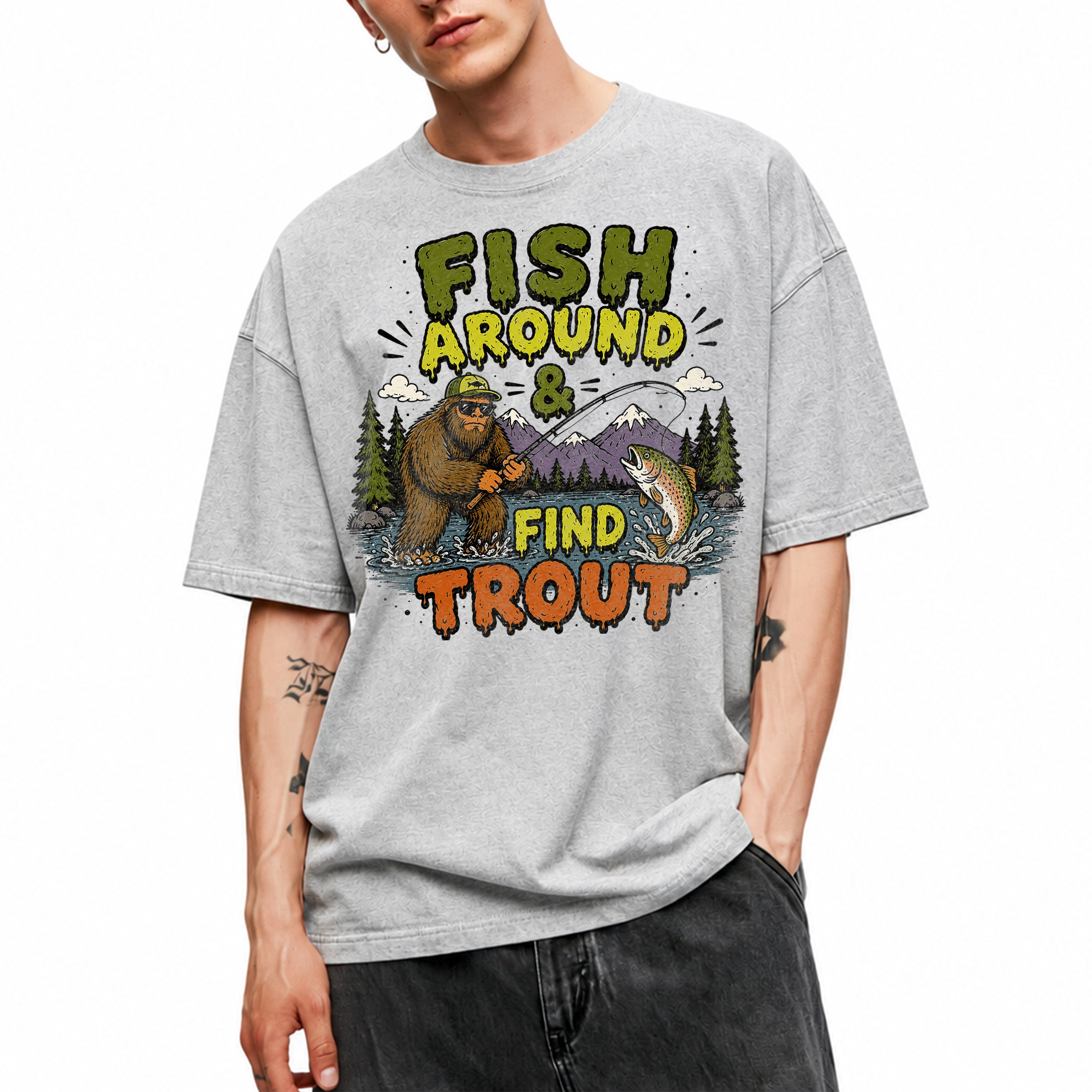SF_COLOR=sport-grey; SF_ITEM=adult-t-shirt; SF_ROLE=gallery; Fish Around Find Trout T-Shirt Comic Bigfoot Fishing Sasquatch Outdoors Tee - Sport Grey Adult T-Shirt product image