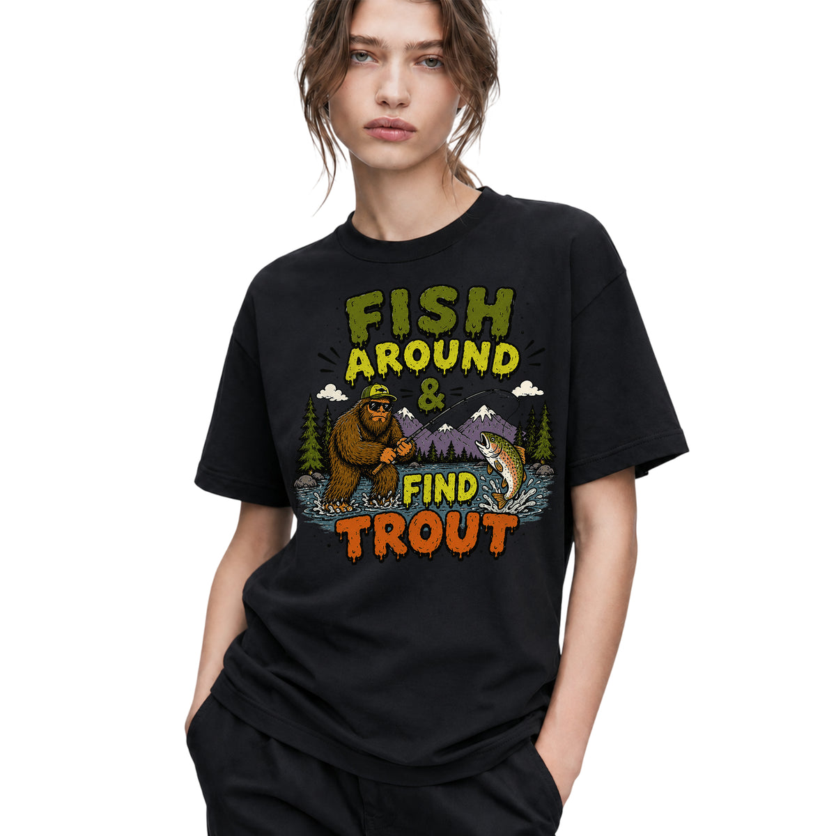 SF_COLOR=black; SF_ITEM=adult-t-shirt; SF_ROLE=gallery; Fish Around Find Trout T-Shirt Comic Bigfoot Fishing Sasquatch Outdoors Tee - Black Adult T-Shirt product image