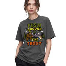 SF_COLOR=dark-heather; SF_ITEM=adult-t-shirt; SF_ROLE=gallery; Fish Around Find Trout T-Shirt Comic Bigfoot Fishing Sasquatch Outdoors Tee - Dark Heather Adult T-Shirt product image