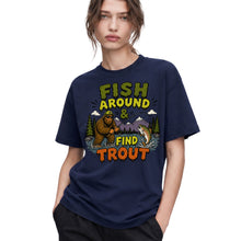 SF_COLOR=navy; SF_ITEM=adult-t-shirt; SF_ROLE=gallery; Fish Around Find Trout T-Shirt Comic Bigfoot Fishing Sasquatch Outdoors Tee - Navy Adult T-Shirt product image