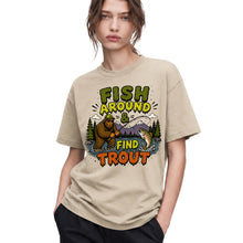 SF_COLOR=sand; SF_ITEM=adult-t-shirt; SF_ROLE=gallery; Fish Around Find Trout T-Shirt Comic Bigfoot Fishing Sasquatch Outdoors Tee - Sand Adult T-Shirt product image