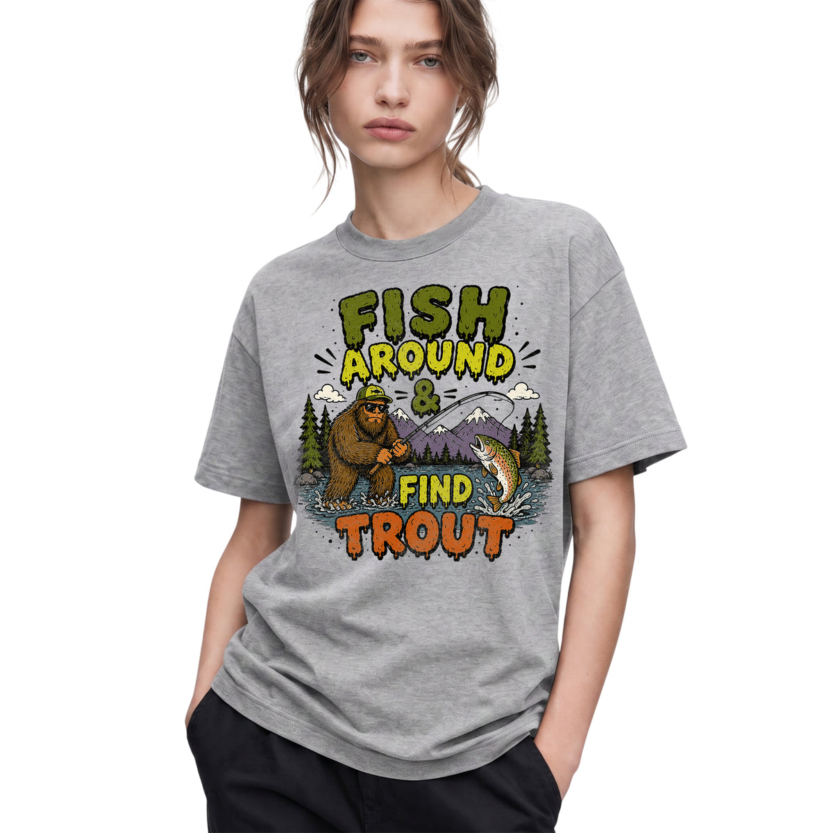 SF_COLOR=sport-grey; SF_ITEM=adult-t-shirt; SF_ROLE=gallery; Fish Around Find Trout T-Shirt Comic Bigfoot Fishing Sasquatch Outdoors Tee - Sport Grey Adult T-Shirt product image