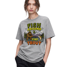 SF_COLOR=sport-grey; SF_ITEM=adult-t-shirt; SF_ROLE=gallery; Fish Around Find Trout T-Shirt Comic Bigfoot Fishing Sasquatch Outdoors Tee - Sport Grey Adult T-Shirt product image