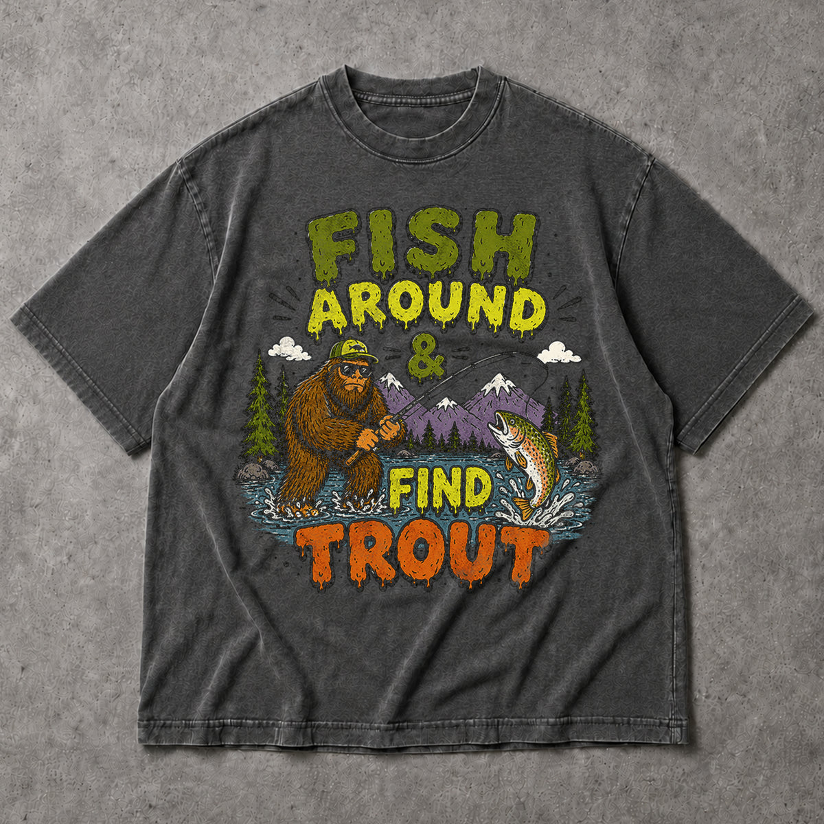 SF_COLOR=dark-heather; SF_ITEM=adult-t-shirt; SF_ROLE=main; Fish Around Find Trout T-Shirt Comic Bigfoot Fishing Sasquatch Outdoors Tee - Dark Heather Adult T-Shirt product image
