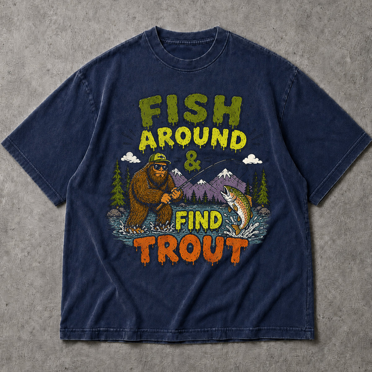 SF_COLOR=navy; SF_ITEM=adult-t-shirt; SF_ROLE=main; Fish Around Find Trout T-Shirt Comic Bigfoot Fishing Sasquatch Outdoors Tee - Navy Adult T-Shirt product image