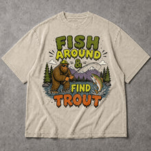 SF_COLOR=sand; SF_ITEM=adult-t-shirt; SF_ROLE=main; Fish Around Find Trout T-Shirt Comic Bigfoot Fishing Sasquatch Outdoors Tee - Sand Adult T-Shirt product image