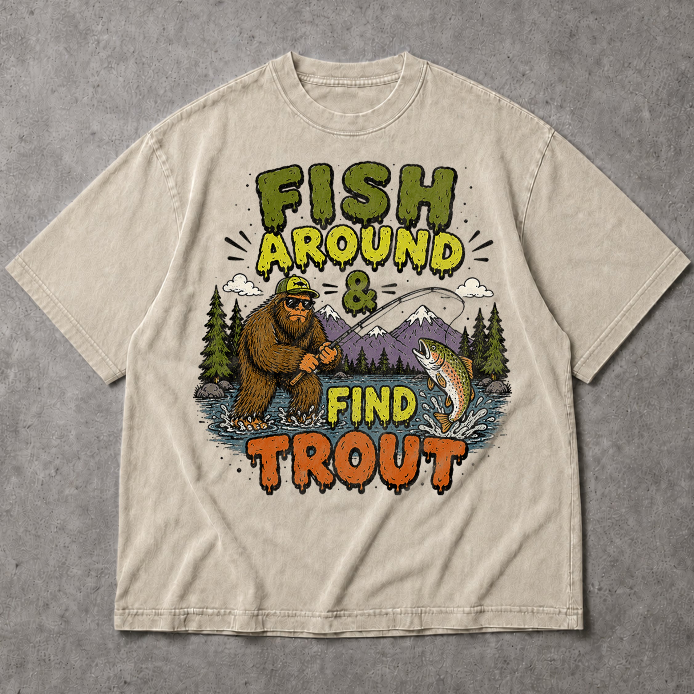 SF_COLOR=sand; SF_ITEM=adult-t-shirt; SF_ROLE=main; Fish Around Find Trout T-Shirt Comic Bigfoot Fishing Sasquatch Outdoors Tee - Sand Adult T-Shirt product image