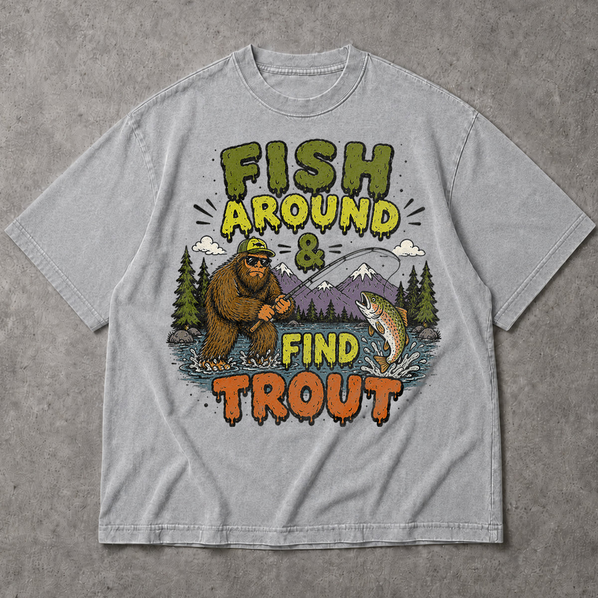 SF_COLOR=sport-grey; SF_ITEM=adult-t-shirt; SF_ROLE=main; Fish Around Find Trout T-Shirt Comic Bigfoot Fishing Sasquatch Outdoors Tee - Sport Grey Adult T-Shirt product image