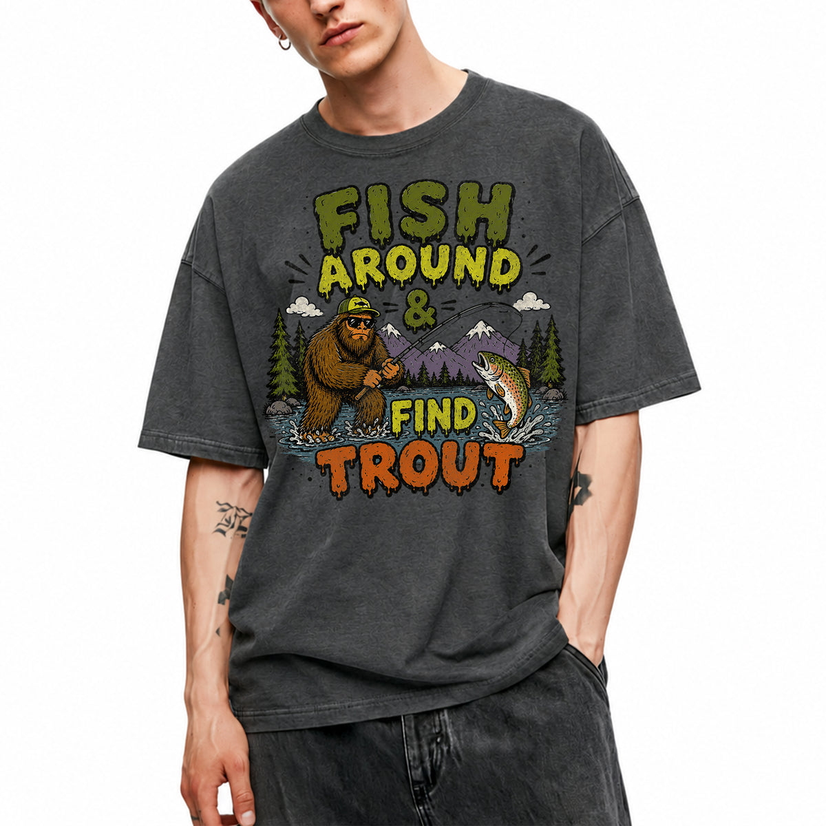SF_COLOR=dark-heather; SF_ITEM=adult-t-shirt; SF_ROLE=gallery; Fish Around Find Trout T-Shirt Comic Bigfoot Fishing Sasquatch Outdoors Tee - Dark Heather Adult T-Shirt product image