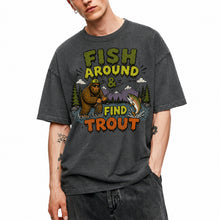 SF_COLOR=dark-heather; SF_ITEM=adult-t-shirt; SF_ROLE=gallery; Fish Around Find Trout T-Shirt Comic Bigfoot Fishing Sasquatch Outdoors Tee - Dark Heather Adult T-Shirt product image