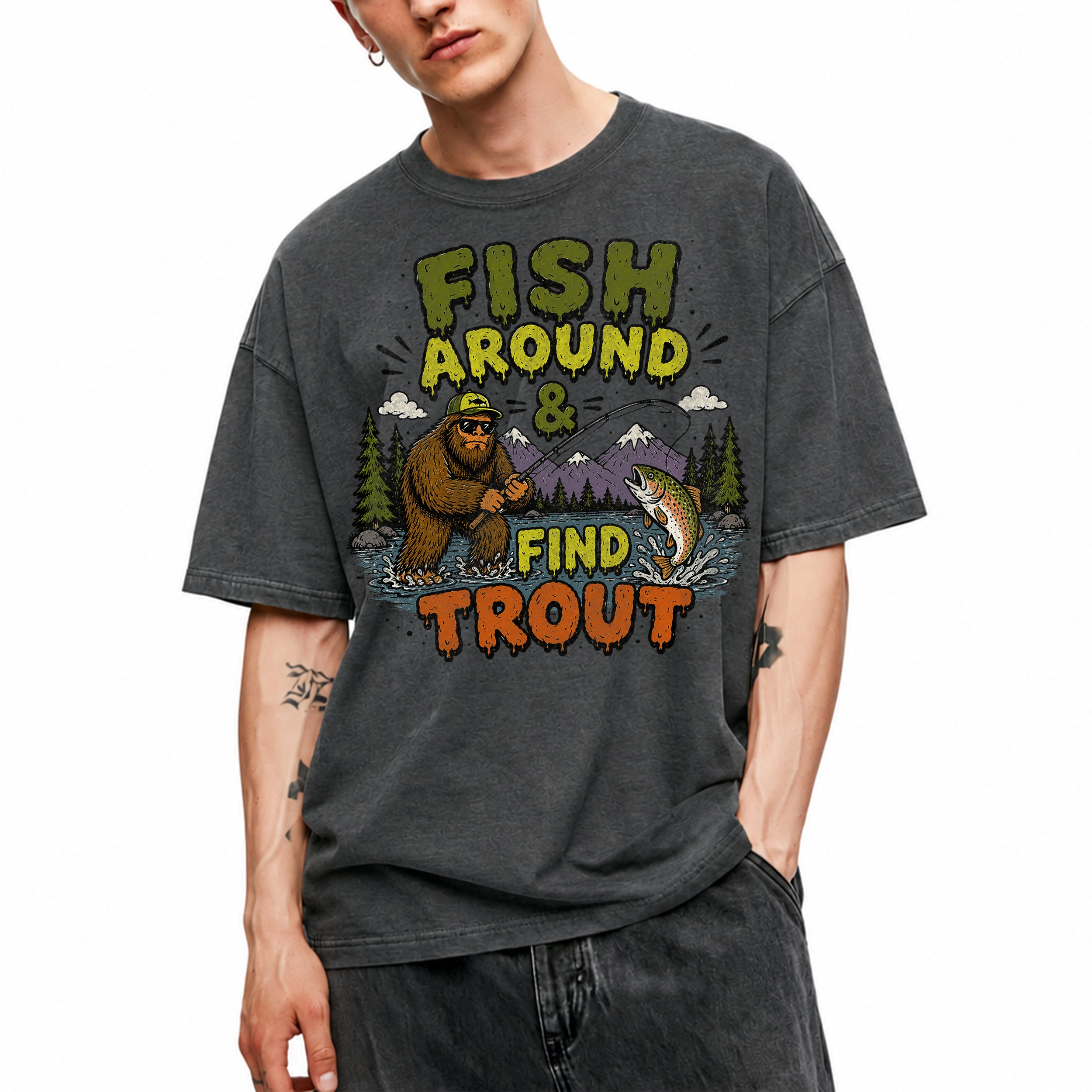 SF_COLOR=dark-heather; SF_ITEM=adult-t-shirt; SF_ROLE=gallery; Fish Around Find Trout T-Shirt Comic Bigfoot Fishing Sasquatch Outdoors Tee - Dark Heather Adult T-Shirt product image