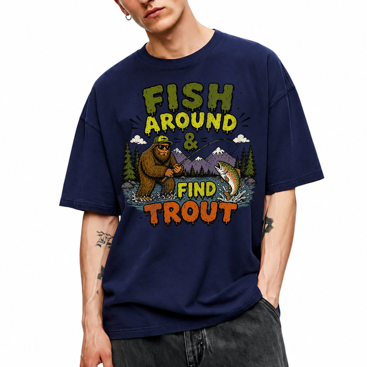 SF_COLOR=navy; SF_ITEM=adult-t-shirt; SF_ROLE=gallery; Fish Around Find Trout T-Shirt Comic Bigfoot Fishing Sasquatch Outdoors Tee - Navy Adult T-Shirt product image