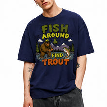 SF_COLOR=navy; SF_ITEM=adult-t-shirt; SF_ROLE=gallery; Fish Around Find Trout T-Shirt Comic Bigfoot Fishing Sasquatch Outdoors Tee - Navy Adult T-Shirt product image