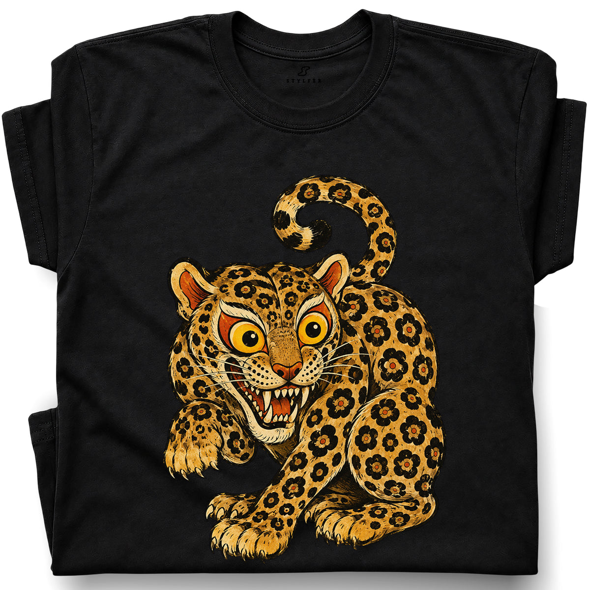 SF_COLOR=black; SF_ITEM=adult-t-shirt; SF_ROLE=gallery; Floral Leopard Snarling Pose T-Shirt Bold Jungle Cat Wildlife Tee - Black Adult T-Shirt product image
