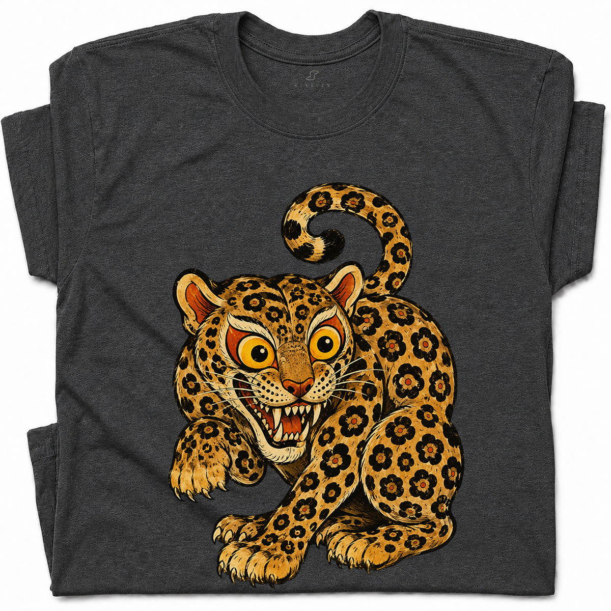 SF_COLOR=dark-heather; SF_ITEM=adult-t-shirt; SF_ROLE=gallery; Floral Leopard Snarling Pose T-Shirt Bold Jungle Cat Wildlife Tee - Dark Heather Adult T-Shirt product image