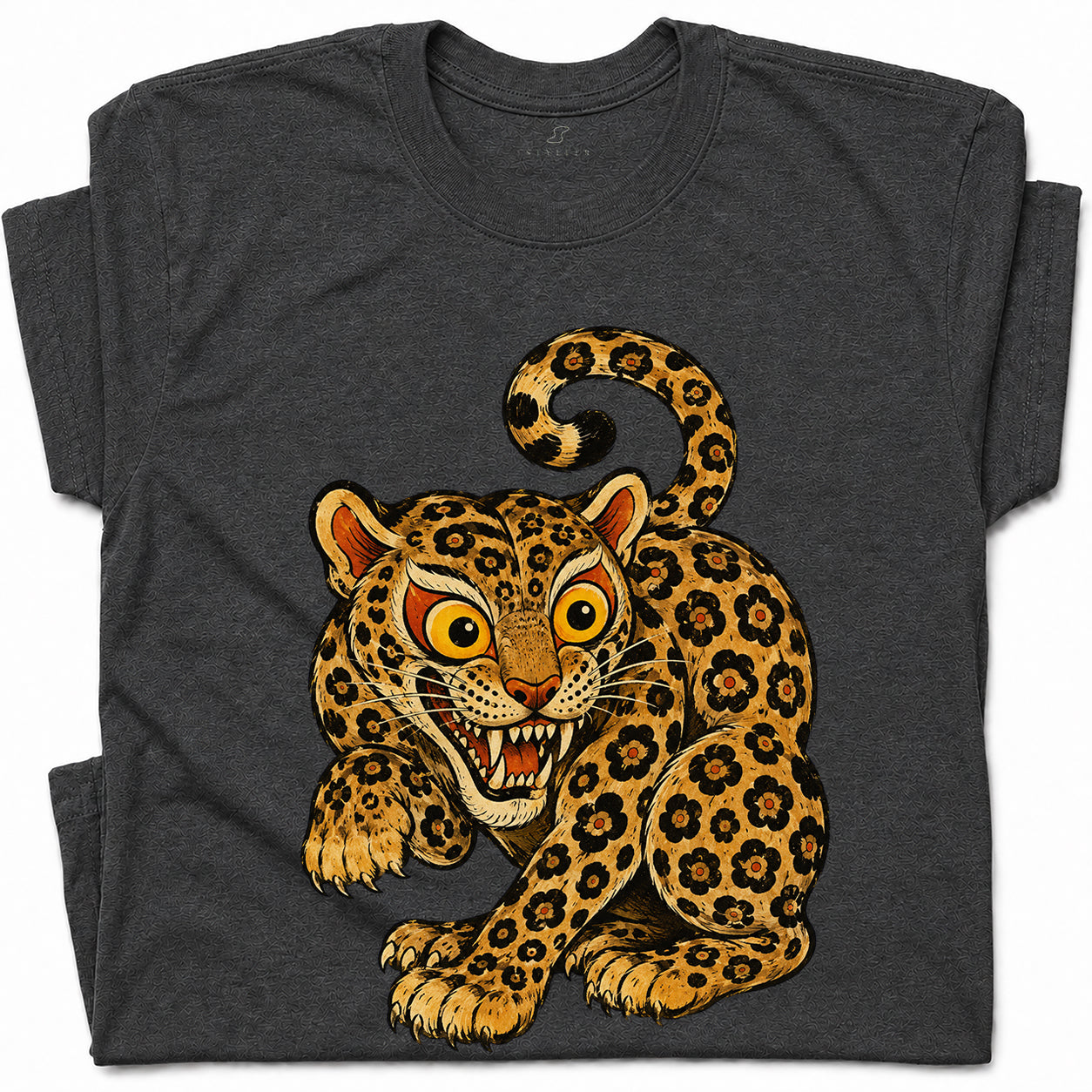 SF_COLOR=dark-heather; SF_ITEM=adult-t-shirt; SF_ROLE=gallery; Floral Leopard Snarling Pose T-Shirt Bold Jungle Cat Wildlife Tee - Dark Heather Adult T-Shirt product image