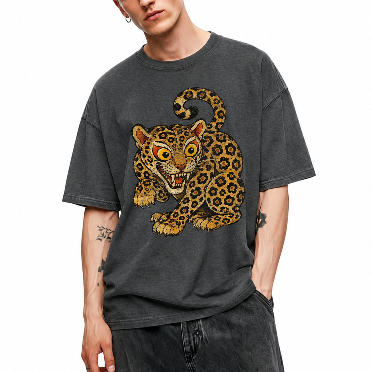 SF_COLOR=dark-heather; SF_ITEM=adult-t-shirt; SF_ROLE=main; Floral Leopard Snarling Pose T-Shirt Bold Jungle Cat Wildlife Tee - Dark Heather Adult T-Shirt product image