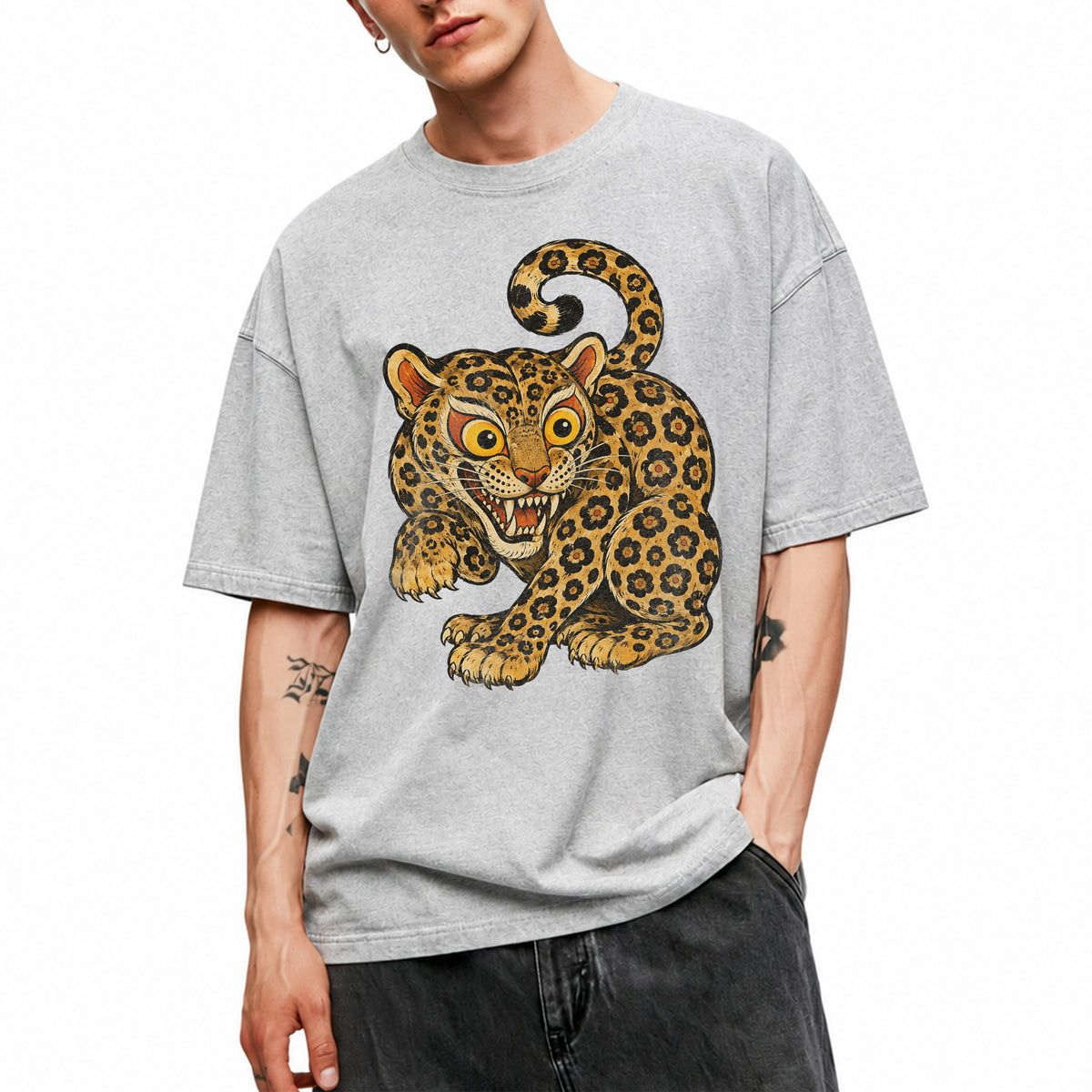 SF_COLOR=sport-grey; SF_ITEM=adult-t-shirt; SF_ROLE=main; Floral Leopard Snarling Pose T-Shirt Bold Jungle Cat Wildlife Tee - Sport Grey Adult T-Shirt product image