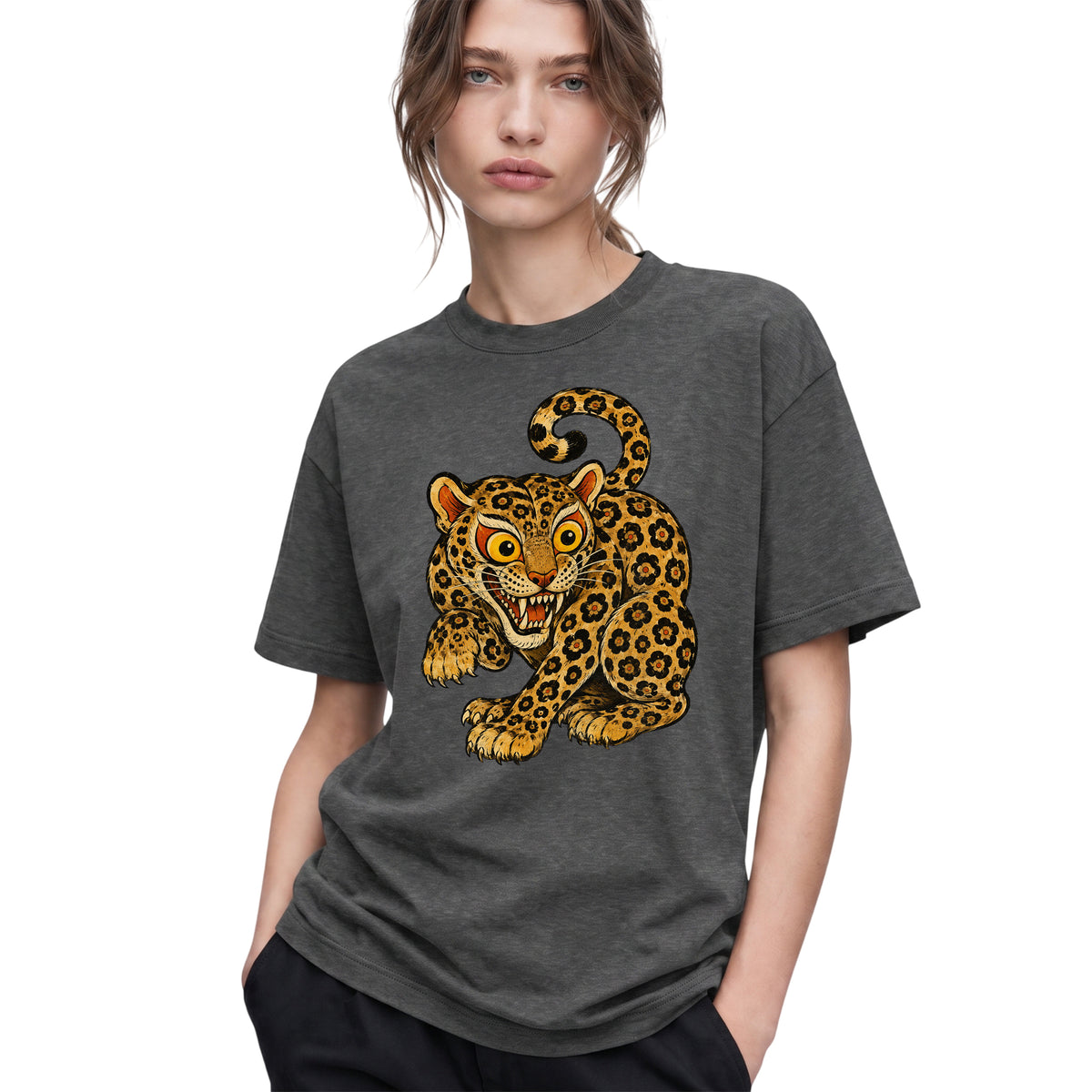 SF_COLOR=dark-heather; SF_ITEM=adult-t-shirt; SF_ROLE=gallery; Floral Leopard Snarling Pose T-Shirt Bold Jungle Cat Wildlife Tee - Dark Heather Adult T-Shirt product image