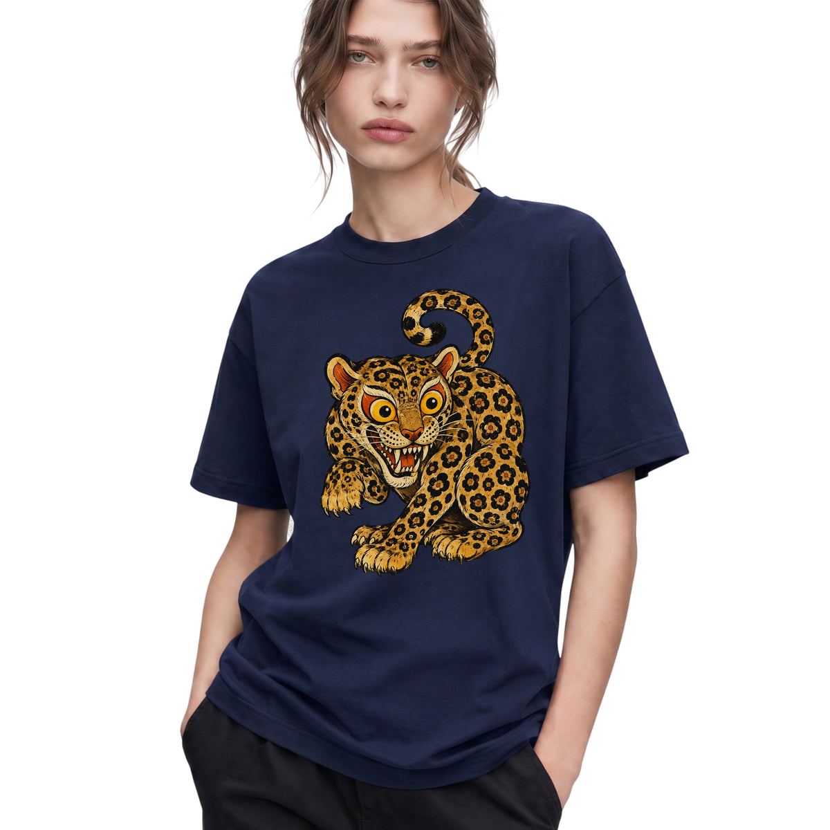 SF_COLOR=navy; SF_ITEM=adult-t-shirt; SF_ROLE=gallery; Floral Leopard Snarling Pose T-Shirt Bold Jungle Cat Wildlife Tee - Navy Adult T-Shirt product image