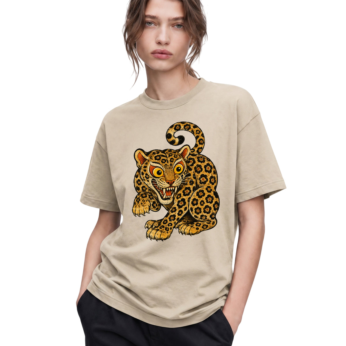 SF_COLOR=sand; SF_ITEM=adult-t-shirt; SF_ROLE=gallery; Floral Leopard Snarling Pose T-Shirt Bold Jungle Cat Wildlife Tee - Sand Adult T-Shirt product image