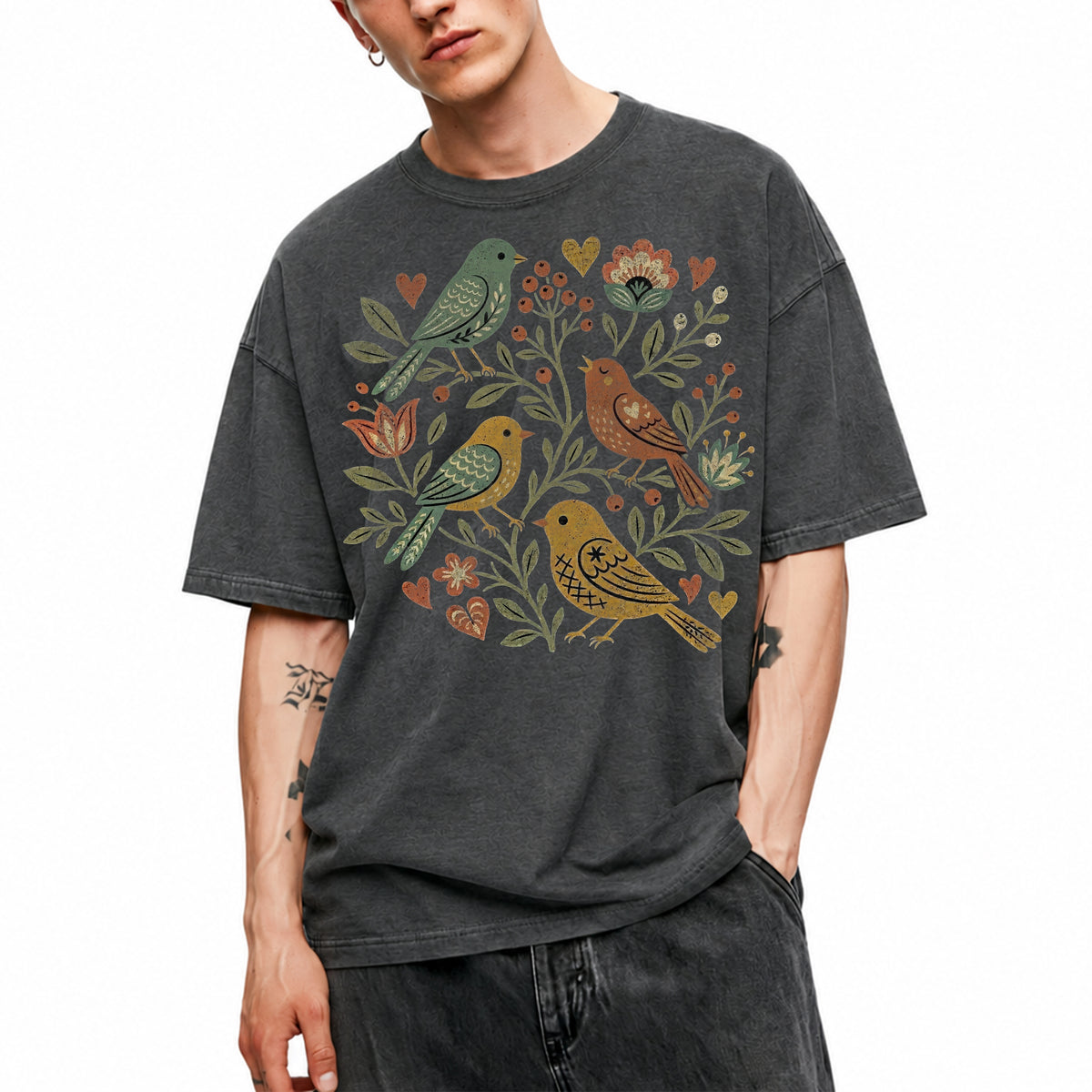 SF_COLOR=dark-heather; SF_ITEM=adult-t-shirt; SF_ROLE=main; Folk Art Birds Flowers Hearts Vintage Style T-Shirt Bird Lover Botanical Tee - Dark Heather Adult T-Shirt product image