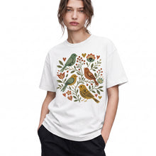 SF_COLOR=white; SF_ITEM=adult-t-shirt; SF_ROLE=gallery; Folk Art Birds Flowers Hearts Vintage Style T-Shirt Bird Lover Botanical Tee - White Adult T-Shirt product image