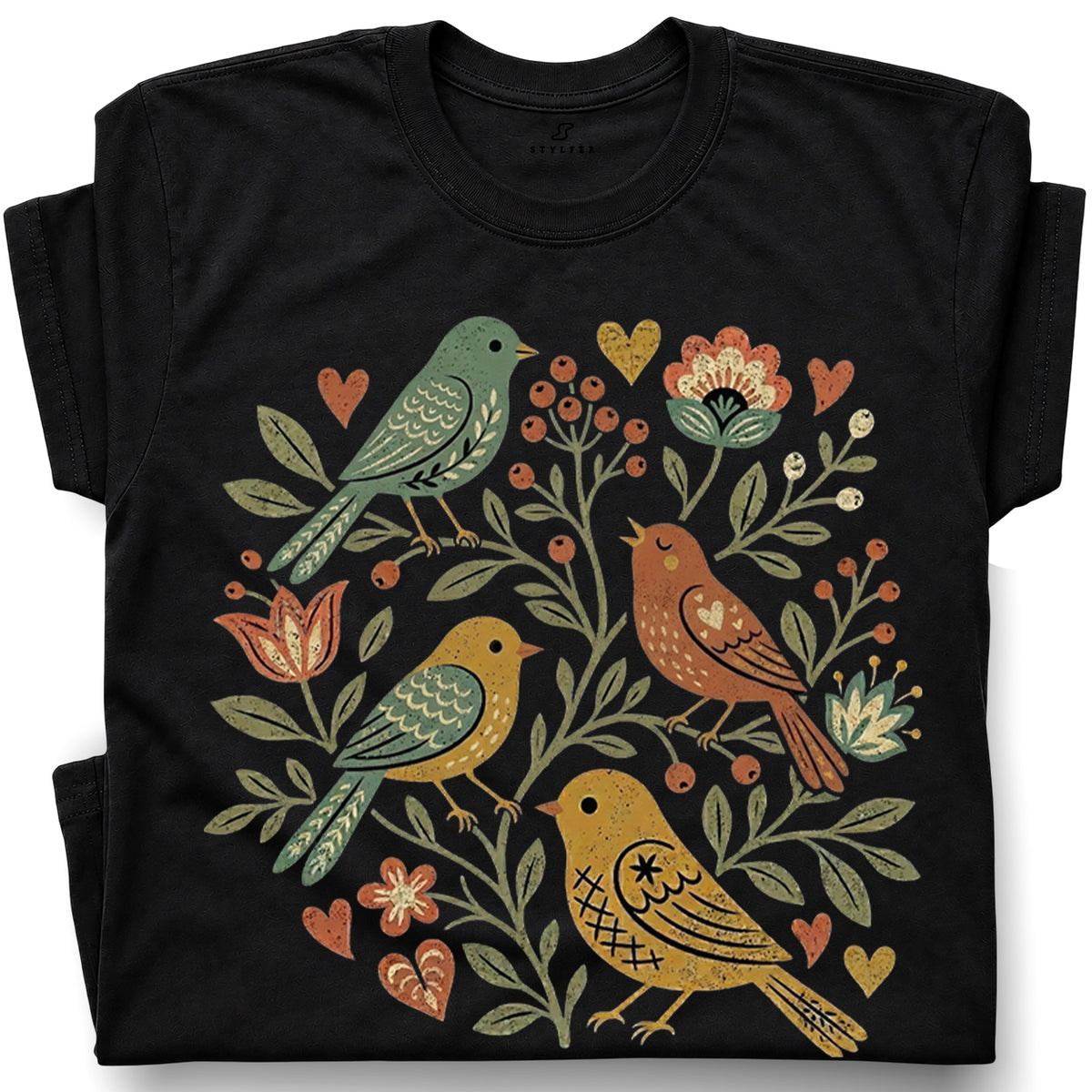SF_COLOR=black; SF_ITEM=adult-t-shirt; SF_ROLE=gallery; Folk Art Birds Flowers Hearts Vintage Style T-Shirt Bird Lover Botanical Tee - Black Adult T-Shirt product image